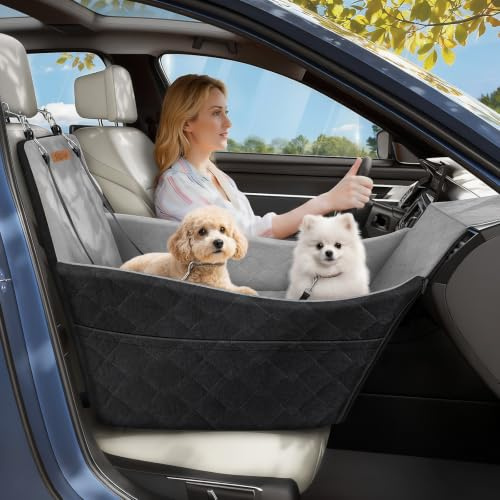 Tivray Erhöhter Hundesitz fürs Auto, Hunde Autositz für kleine & mittlere Hunde bis 16 kg, Abnehmbar & Waschbar, Stützschaum Hundesitz mit 2 Taschen & 3 Sicherheitsgurten, Schwarz+Grau