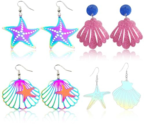 4 Paar Muschel Ohrringe, Ohrringe sommer Meerjungfrau Kostüm Accessoires, Damen Ohrringe für Karneval, Strandparty und Elegante Anlässe, Bunte Acryl Muschelohrringe