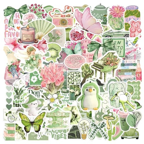 VVQWCY 100 Stück Sticker Aesthetic, Rosa Grün Frische und Niedliche Aufkleber für Kindle Laptop Fahrrad Koffer Bücher und Scrapbooking