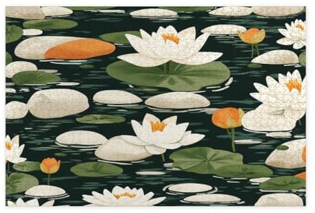 Spring Lotus Flower Jigsaw Puzzles for Adults 1000 Piece, Abstract Fun Pond Lotus Leaves Wooden Puzzles, Cute Floral Pattern Decor for Home Entertainment