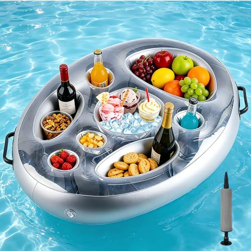 Inflatable Floating Snack and Drink Holder, 71x56cm Large Capacity PVC with 8 Holes and Handles, Inflatable Drinks Holder, Pool Float Tray for Pool Parties, Beach, Hot Tub, Outdoor Summer Gatherings
