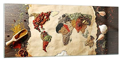 Panorama Bilder auf Glas 100x40cm Glasbild Welt Karte Gewürze Farben Groß Wanddeko Bild im Glas Schlafzimmer Küche Wandbilder Dekoration Wohnzimmer Modern Wall Decor Wand Kunstdruck Art GAB100x40-2832