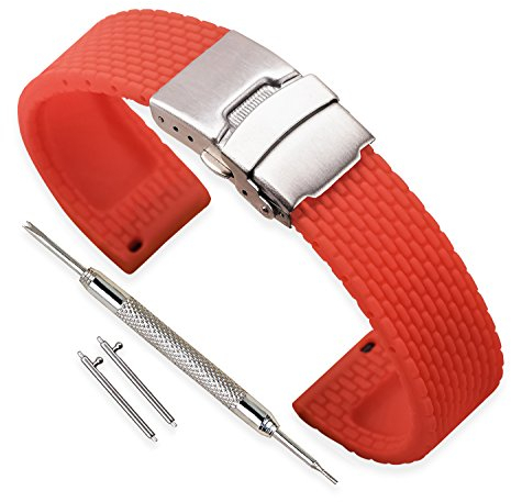 VINBAND Unisex Wasserfest Gummi Uhrenarmband mit Edelstahl Silber Faltschließe 22mm Rot