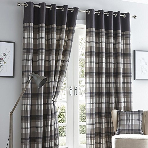 Portfolio Orleans Check Striped Fully Lined Eyelet Ring Top Curtains - Charcoal Grey 90 Wide x 90 Drop