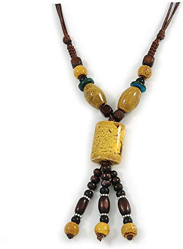 Avalaya Dusty Yellow Ceramic, Brown Wood Bead with Silk Cords Necklace - 56cm to 80cm Long/Adjustable