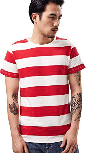 Wide Striped T Shirt for Men Breton Tee Stripes Sailor Top Cotton Basic Short Sleeve for Summer Beach Red and White Striped M