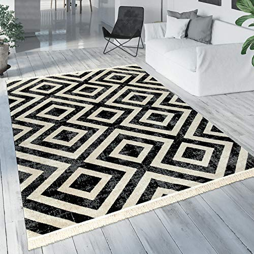 Paco Home Moderner Outdoor Teppich Geometrisches Rauten-Muster im Vintage-Look Flachgewebe Wetterfest & Pflegeleicht für Garten, Terrasse & Balkon, Schwarz Weiß, Grösse:200x280 cm