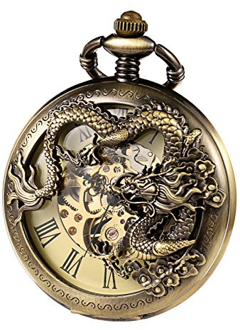 TREEWETO Taschenuhr mit Kette Herren Analog Mechanisch Handaufzug Doppelscharnier Antik Drache Römische Ziffern, Bronze