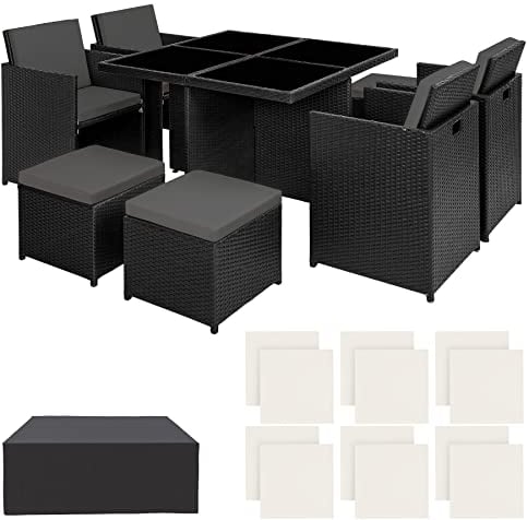 tectake® Lounge Möbel Set 4X Stühle, 4X Hocker, 1x Tisch, platzsparende Cube Aufbewahrung, Outdoor Rattan Gartenmöbel für Balkon, Garten und Terrasse, mit Abdeckung und Wechselbezügen - schwarz