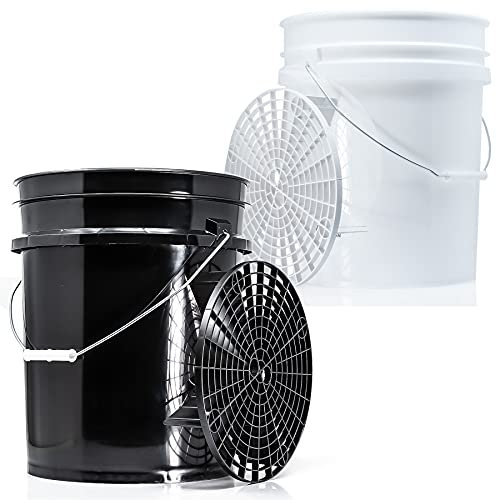 detailmate Black&White Set | 2x Magic Bucket Wasch Eimer 20 Liter/5GAL + 2x Schmutzsieb Eimereinsatz schwarz & weiß | Zubehör für die professionelle Auto Handwäsche | Autowäsche Motorradwäsche