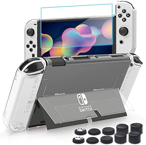 BRHE Hülle für Nintendo Switch OLED, andockbare Schutzhülle für Nintendo Switch und Joystick Controller mit Hartglas-Displayschutz und 8 Stück Daumenkappen