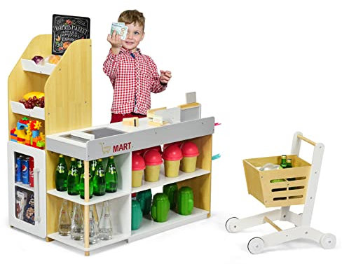 DREAMADE Supermarket mit Einkaufswagen & Kasse & Kreidetafel & Holzwährung, Kaufladen aus Holz, Kaufmannsladen für Kinder ab 3 Jahren