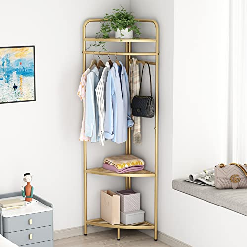 DOORXIFO Eck-Kleiderständer, Kleiderstange, goldfarben, Metall, freistehend, mit Haken, moderner Kleiderständer mit 3 Etagen, für Zuhause, Schlafzimmer, Wohnzimmer