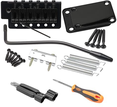 Unxuey Electric Guitar Tremolo Bridge Bar Kit, 6 Strings Bridge Tremolo System Set with Neck Plate Reinforce Board for Fender Strat Guitar Replacement, Black