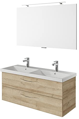 Lomadox Waschplatz Set in Riviera Eiche Nb. mit Doppelwaschbecken, B/H/T ca. 120/200/45 cm