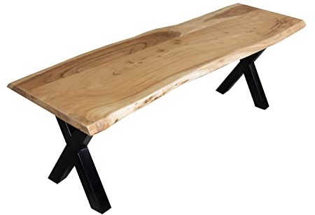 SAM Esszimmerbank 120x42 cm Quintus, Akazienholz massiv & naturfarben, echte Baumkante, Baumkantenbank mit X-Gestell Schwarz, Sitzbank mit 26 mm Platte