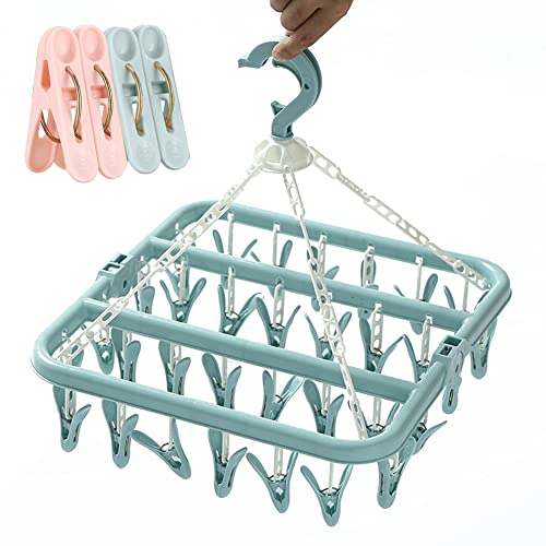 Folding Sock Dryer with 32 Pegs Clothes Drying Hanger with Clips Sock Peg Hanger for Washing Line, Laundry Drip Airer Hanging with 4 Beach Towel Quilt Clips for Socks,Underwear,Bras,Baby Clothes Pegs