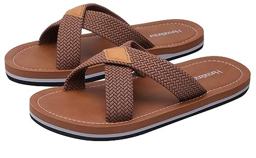Harssidanzar Men's Cross Slide Sandals Slip on Comfortable Lightweight Summer Slipper Shoes For Indoor and Outdoor Quick-Dry KM229UK,Saddle,Size 11