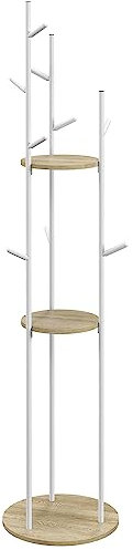 HOMCOM Porte-manteaux sur pied meuble d'entrée en acier avec 9 crochets et 2 étagères rondes - Ø 40 x 167 cm naturel et blanc