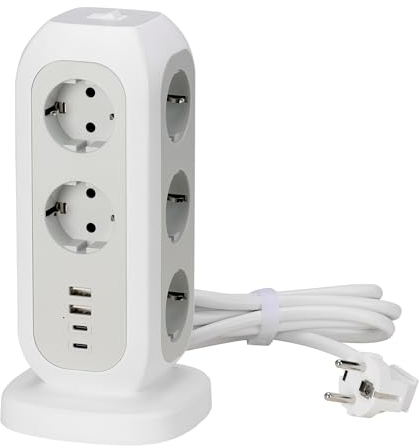 kwmobile Mehrfachsteckdose mit USB A & C Ports - Steckdosenleiste Turm - Überspannungsschutz - 15 in 1 Steckerleiste mit USB - Mehrfachstecker - 1, 9 m Kabel - Weiß