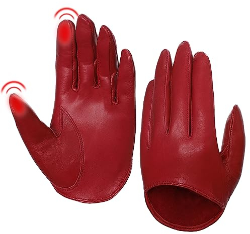 Harssidanzar Damen Lammfell halbe Handfläche Vintage Dress Up Ungefüttert Touchscreen kurze Handschuhe GL011EU,Rot, Größe S