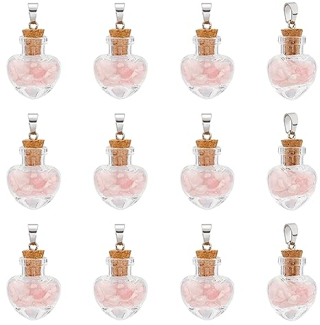 UNICRAFTALE 12 Pz Cuore Bottiglia di Vetro Ciondoli Mini Bottiglie dei Desideri Ciondoli 31mm Cuore Bottiglia dei Desideri di Vetro con Quarzo Rosa per Collana Fai da Te Portachiavi
