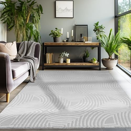 Kurzflor Teppich Wohnzimmer Beige Schlafzimmer Esszimmer Läufer Flur Küchenteppich Boho Teppich 3D Design Skandinavischer Stil Modern Weich, Silber, 240 x 340 cm