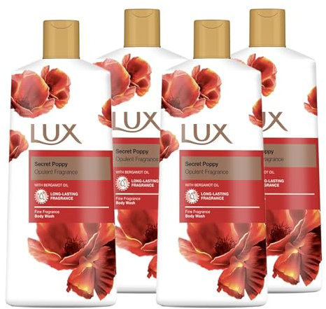 LUX Secret Poppy Body Wash with Bergamot Oil - Gentle & Soothing Shower Gel, Nourishing Body Cleanser, Glows Skin, Aromatic Fragrance Bath Soap, Skin Care Shower Gift for Women - Pack of 4, 600 ml