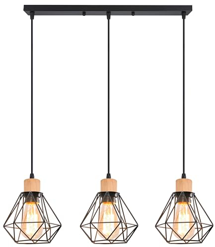 iDEGU 3-flammig Pendelleuchte Schwarz 16cm Industrial Hängelampe aus Metall und Holz Käfig Lampenschirm Kronleuchter E27 Fassung Vintage Hängeleuchte für Esszimmer Küche Wohnzimmer Café (Balken)