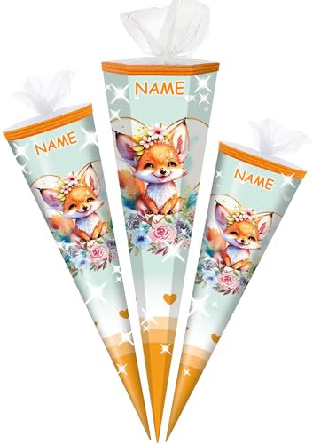 alles-meine.de GmbH Schultüte - mit 3D Glitzer - Effekt ! - süßer Fuchs - 50-85 cm - Größe wählbar - inkl. Name - Zuckertüte - Tüll Abschluß - eckig/rund - klein & groß - Ges..