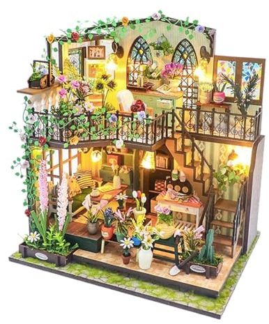 Oshhni DIY Miniatur-Puppenhaus-Bausätze, Miniatur-Gartenhaus, Holzhandwerk-Spielzeug mit Möbeln, Mini-Hausmodell für Geburtstagsgeschenk Kinder
