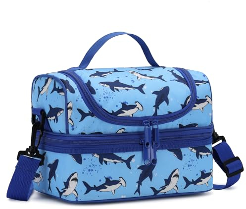 Chase Chic Bolsa Termica Porta Alimentos Infantil, Bolsa Termica Comida para Niñas en Compartimento Doble Escuela con Correa de Hombro Ajustable Desmontable, Picnic Comida para Viaje, Tiburón Azul