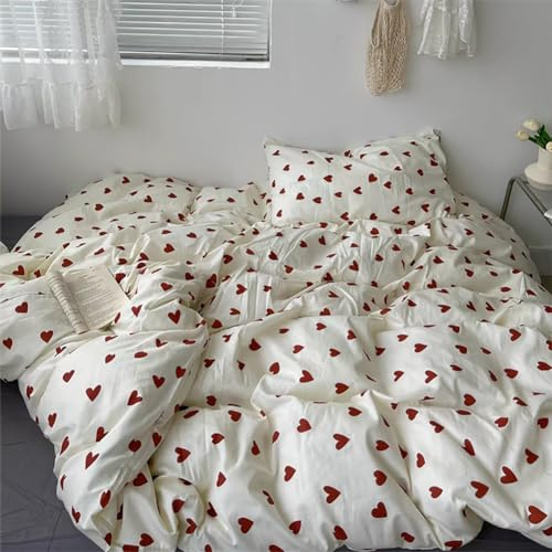 Housse de Couette Coton 220x240 Cœur Rouge avec 2 Taies d'oreiller 65x65 cm | 100% Coton, Parure de Lit 220x240 Adulte, Rouge et Blanche, 2 Personnes, Fermeture Éclair