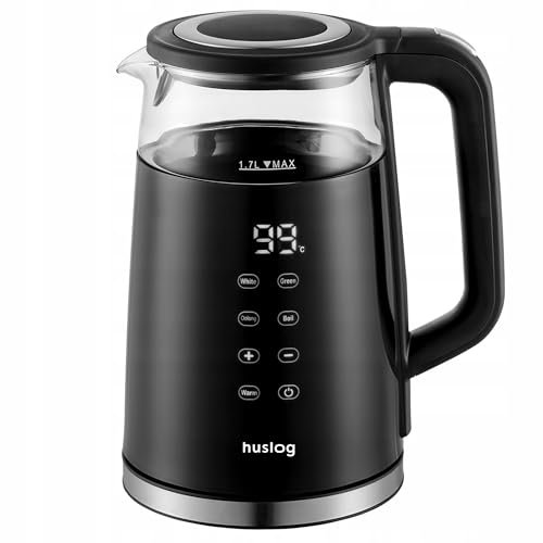 Huslog Bouilloire Électrique 1,7L avec Écran Tactile, 2200W, Verre et Inox, 4 Programmes, Température Réglable 40–100 °C, Fonction Maintien au Chaud, Filtre Anticalcaire, Base 360°, Noir