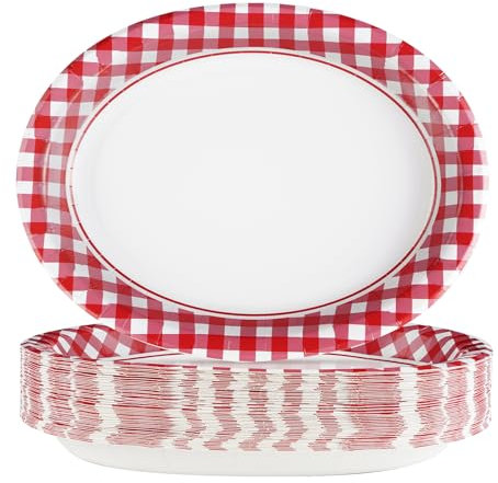 50Pcs Gingham Oval Paper Plates 10 x 12 Large Disposable Heavy Duty Christmas Red and White Buffalo Checked Plaid Paper Dessert Platter Plate for Wedding Holiday Winter Xmas Birthday Party Supplies