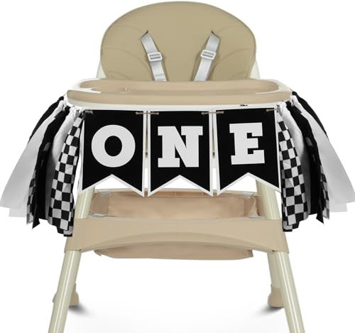 AOZUO 1. Geburtstag Junge,Schwarz-Weiß Kariert Banner Geburtstag,One Hochstuhl Banner 1 Jahr Geburtstags Junge Rennthema für Geburtstag Ein Banner Zum Baby