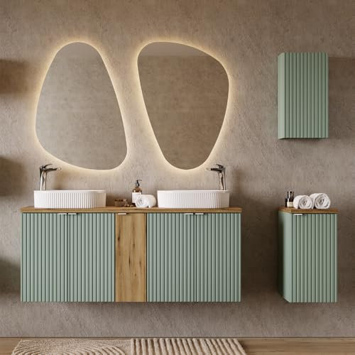 Lomadox Badmöbel Set 5-teilig mit 140cm Waschtisch, grün und Eiche, gerillte Front, hängende Montage, geringe Tiefe 40cm