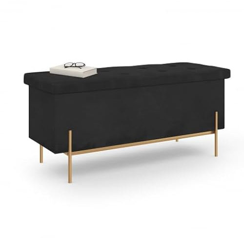 IDMarket - Banc Coffre Rangement Louis avec Pieds métal doré 100 cm Velours Noir