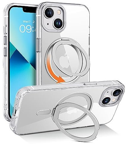 Telaso Magnetic Case for iPhone 14/13 6.1 - Clear Slim Shockproof Protective Case with 360° Rotatable Ring Stand, Compatible with MagSafe