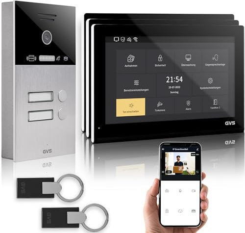 GVS - IP Video Türsprechanlage 2-Familienhaus mit Türöffner (RFID), HD Kamera, 3x10 Zoll Monitor & App - Smarte Video Türklingel mit Kamera & Gegensprechanlage (AVS5524A)