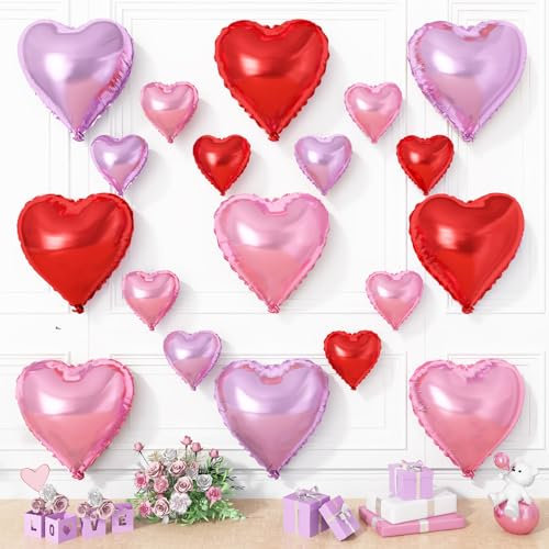 Rosa lila Herzballons, 19 Stück hellviolett und rot-rosa Herzform, 45,7 cm mit 25,4 cm lila rosa Helium-Folienballon für Mädchen, Geburtstag, Hochzeit, Muttertag, Dekoration
