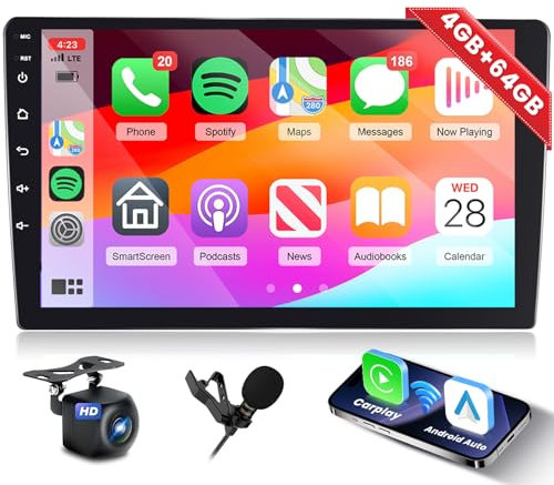 Fuluku [4+64GB] Radio de Coche Android 2 DIN con Inalámbrico Carplay Android Auto, 10.1 Pulgadas Pantalla Táctil Radio con GPS WiFi Bluetooth 32EQ DSP SWC Mic Cámara de Marcha Atrás