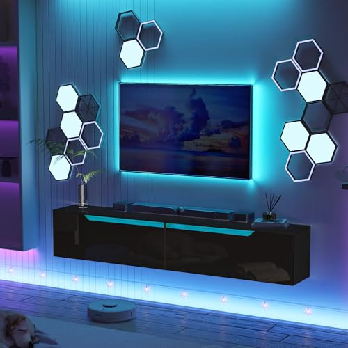 KZNGK TV Schrank Hängend, Fernsehtisch Lowboard Hochglanz mit LED-Leuchten,16 Farben Können Eingestellt Werden, Griffloses Design, TV-Regal Tisch Board mit 2 Staufächern,175 x 32 x 30cm (Schwarz)