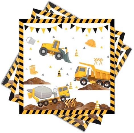 Ovanda 20 Stück Bagger Servietten, Baustelle Servietten 33x33cm, Traktor Servietten Kindergeburtstag, Einweg Servietten für Jungen Mädchen Geburtstag Partygeschirr Kindergeburtstag Deko