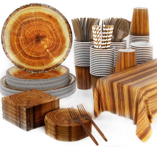 141pcs Camping Wood Grain Slice Party Decorations,Party setIncludes Dinner Plate Dessert Plate Paper Napkin Cup Knife Fork Straws Tablecloth Fire Camping Woodland Animal Lumberjack Supplies set