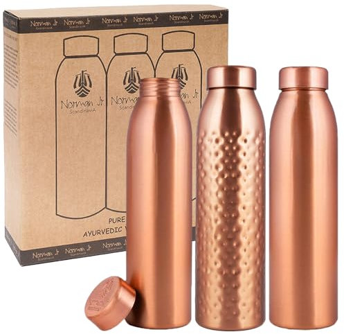 NORMAN JR Kupfer-Wasserflasche 1L– Geschenkbox mit 3 Stück, Schlicht 2, Gehämmert 1, ein ayurvedisches Gefäß aus reinem Kupfer –hilft Ihnen mehr Wasser trinken mit vielen gesundheitlichen Vorteilen