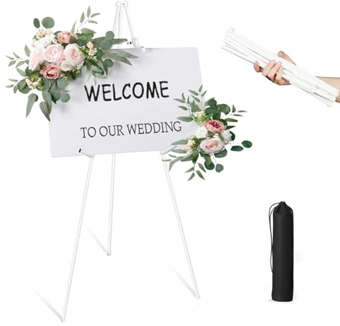 Yumzxin White Wedding Easel Stand - Collapsible, Portable & Adjustable Metal Display Stand (168 cm Tall) for Canvas, Painting, Poster Display
