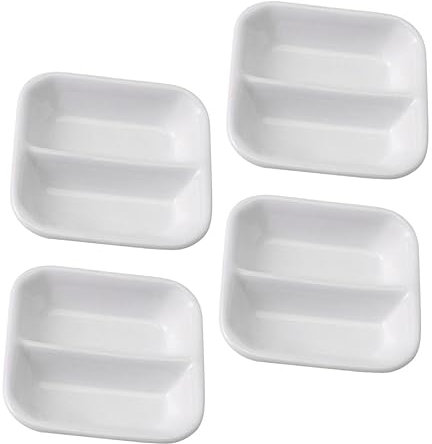 Gatuida Plat à Grignoter Ménager 8 Cm En Céramique Blanche, Assiette D'assaisonnement Japonaise Double Compartiment Antidérapante, Usage Domestique Et Barbecue, Lot De 4 Pièces