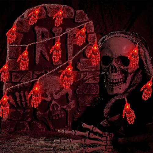 KOBOKO Halloween Deko Lichterkette,3M 20 LED Skeletthand Lichterkette Batteriebetrieben,Rote Skelett Hände Lichterketten Innen mit 2 Modi,Dekorative Lichter für Halloween Party Deko,Herbst,Weihnachten