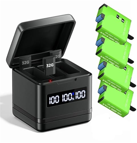 Batterie 1800 mAh Compatible avec GoPro Hero 5, 6, 7 et 8, avec Chargeur LCD à 3 emplacements(4 Battery 1 Charger)